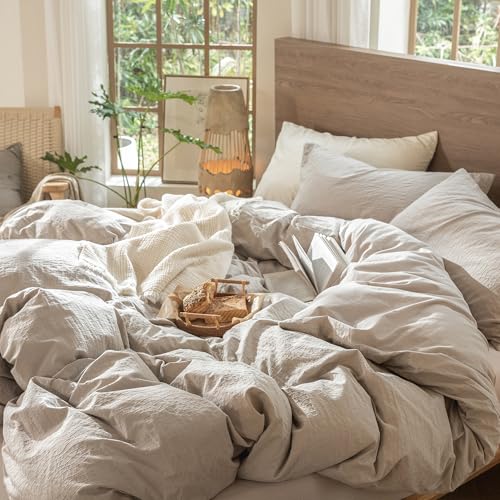 Image of MooMee Wavy Striped Duvet Cover Set 100% Washed Cotton Linen Like Textured Breathable Durable Soft Comfy (Beige, Palatial King /Oversized King 120 inchx98 inch)