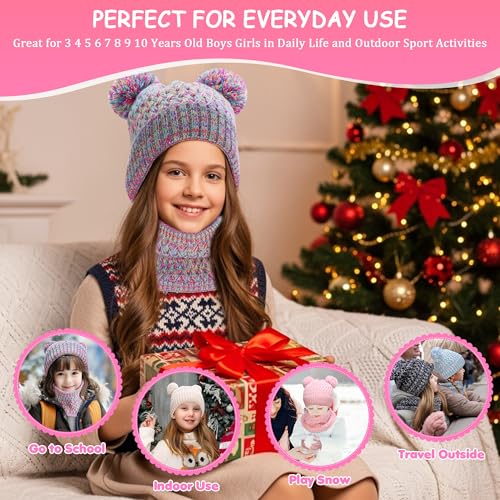 Kids Winter Hat Scarf Gloves Set, Toddler Beanie with Double Pom Pom Fleece Lined, Touch Screen Mitten for Girls Boys 6