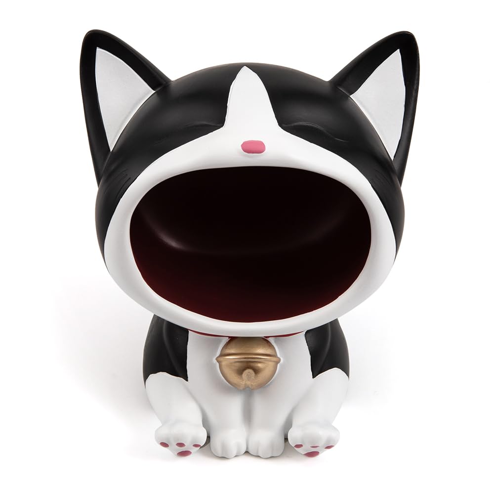 cuenco clave para la mesa de entrada Lucky Cat Statue Candy Dish para la decoración del hogar del arte del escritorio de la oficina (negro)