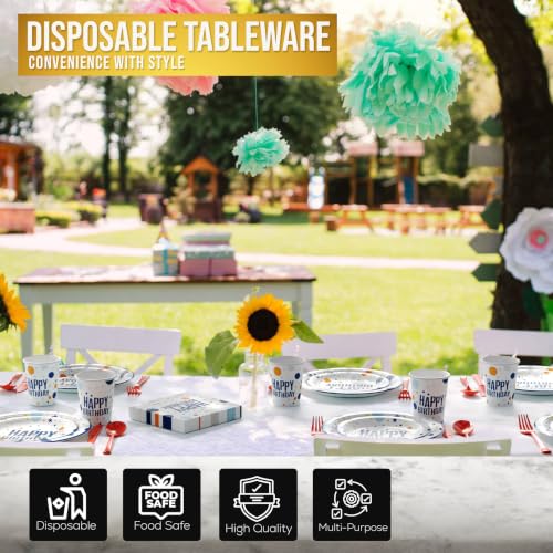Image of Exquisite 350 Pcs Blue Happy Birthday Plates and Napkins Set, Blue Birthday Plates Set, 50 Of Each 9 inch Dinner Plate, 7 inch Dessert Plate, 12 oz Cups, Napkins & Cutlery Plastic Dinnerware Set Set