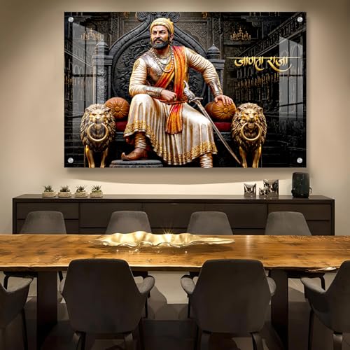 Image of The Hanging Story Shivaji Maharaj Wall Painting for Living Room Bedroom | Acrylic Glass Printed Painting | Maharaja Royal King Wall Decor for Office, Hotel, Hall, Home Decoration (18x24 inch)