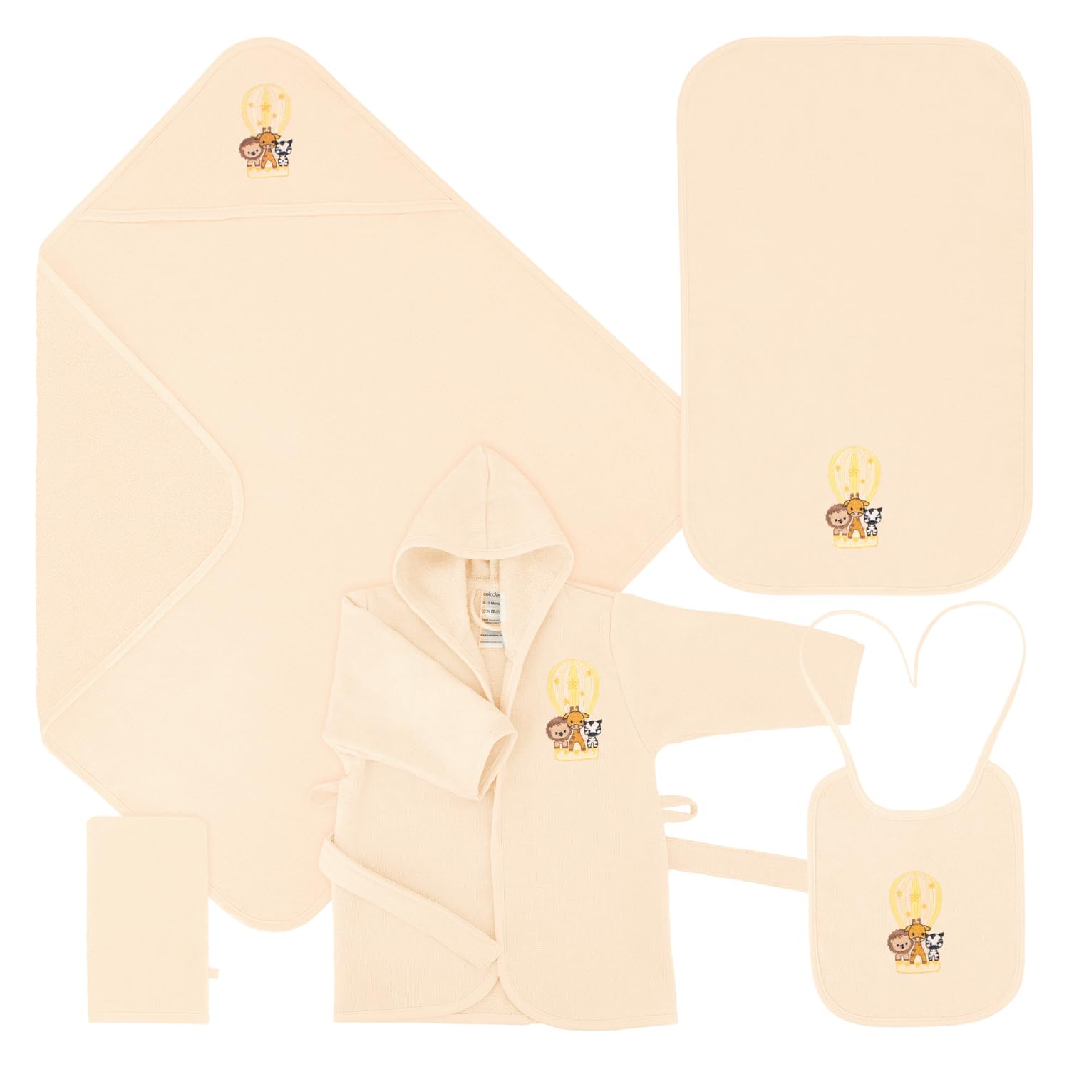 Celodoro Set regalo per bambini, 5 pezzi, confezione regalo con accappatoio, asciugamano con cappuccio, guanto da bagno, bavaglini, per bambini da 0 a 12 mesi