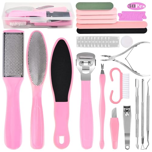 Foot File Pedicure Set, 30 in 1 Foot Files Foot Care Scrubber Kit Hard Skin Remover Feet Scrub for Women Men Salon or Home(Pink)