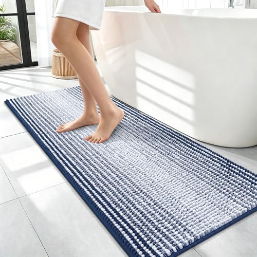 Image of OLANLY Bathroom Runner Rugs 47x17, Extra Soft Absorbent Chenille Striped Bath Rugs, Rubber Backing, Machine Wash Dry, Long Bath Mats for Bathroom, Tub, Shower, Home Decor Accessories, Navy