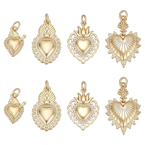 UNICRAFTALE 8Pcs 4 Styles Cœurs en Cristal Strass Plaqués Or 18K Charms en Laiton en Forme d'Amour avec Anneau pour Fabrication de Bijoux Bracelets Colliers