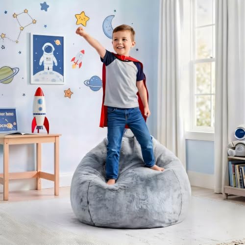 Image of Hobestluk Small Bean Bag Chair Round Teardrop Soft Floor Sofa Reading Seat | Faux Fur Plush Fluffy Comfy Couch No Assembly Lightweight Storage Bedroom Dorm Office Outdoor Grey