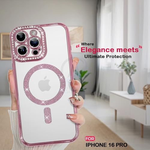 Image of AESTMO Back Cover for iPhone 16 Pro Compatible with MagSafe | Diamond Glitter Case | Luxury Bling Rhinestone Soft Clear TPU Bumper | Camera Lens Protection Cover for iPhone 16 Pro (Pink)