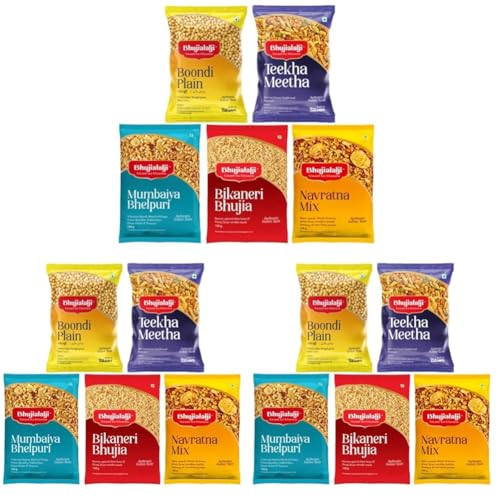 Image of Bhujialalji (Combo pack of 15) 750g | Plain boondi | Theeka meetha | Mumbaiya bhel | Bikaneri bhujia | Navratna mix | Rajasthani Namkeen | indian Spices | Indian Tea Time Fresh & Mixture | Ready to eat.