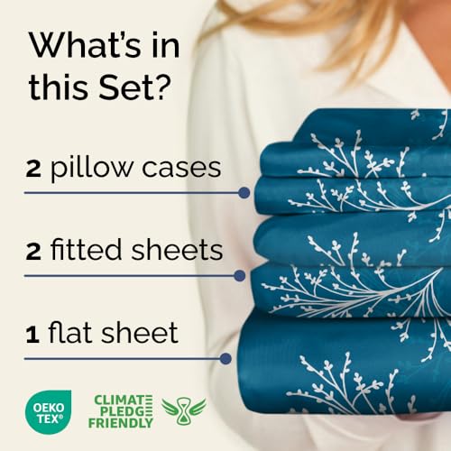 Image of Split King 5 Piece Floral Sheet Set - Breathable & Cooling - Sea Spray