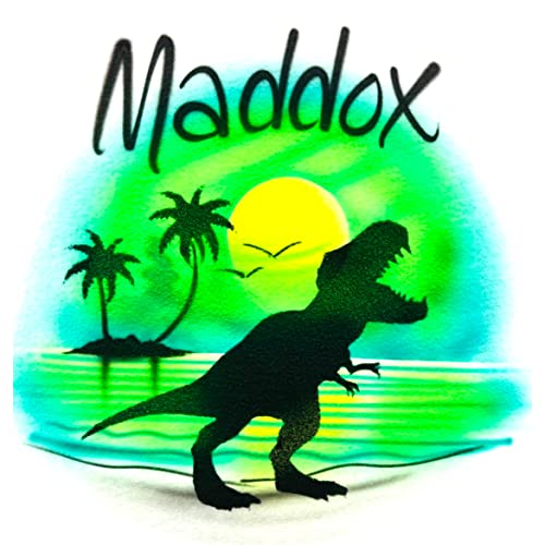 Airbrush Tyrannosaurus Dinosaur, Green Background Name Design T Shirt