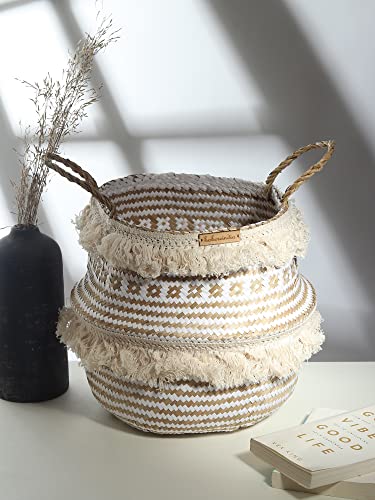 Image of Habere India-All The Cultures Fabricating India Wicker Basket For Plants | Seagrass Baskets Home Decor | Bamboo Storage Organiser | Bamboo Planter Baskets Cylindrical (S) - White (Dia 25 x H22 cm)