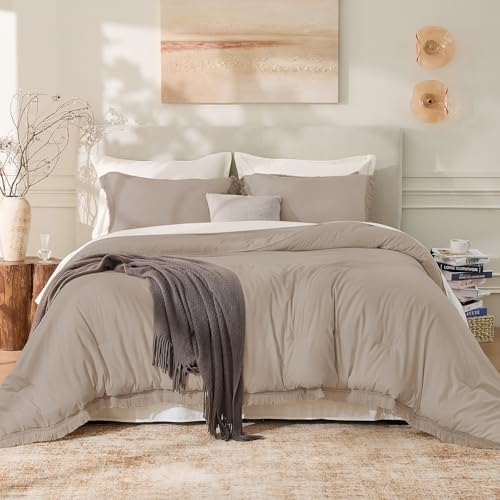 Image of Andency Comforter Full Size Set Khaki, 3 Pieces Boho Winter Lightweight Bedding Comforter Sets, All Season Tassel Bed Set (79x90In Comforter & 2 Pillowcases)
