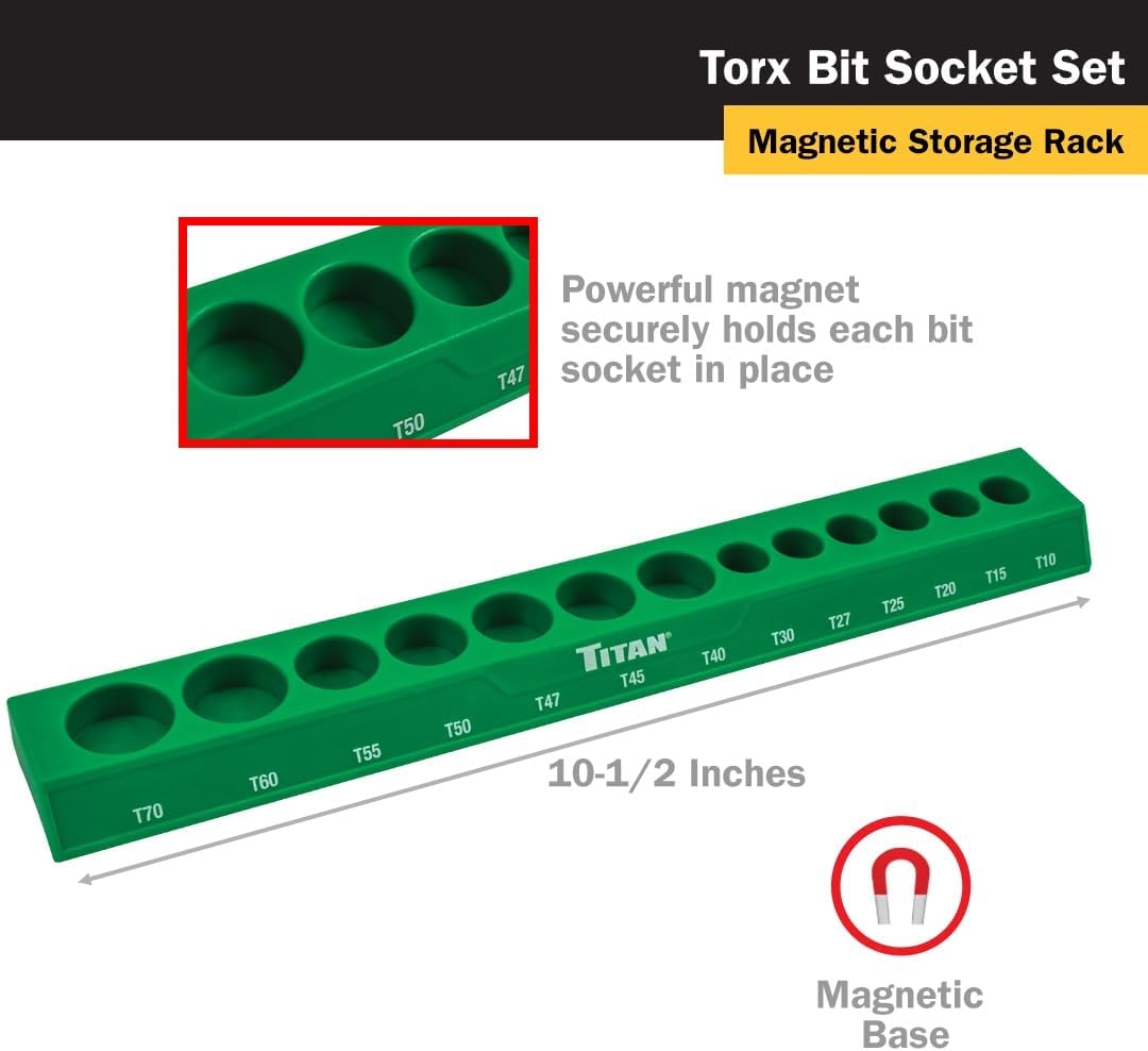 Titan 85532 13-Piece Torx Bit Socket Set, Magnetic Socket Organizer with Laser-Etched Size Markings