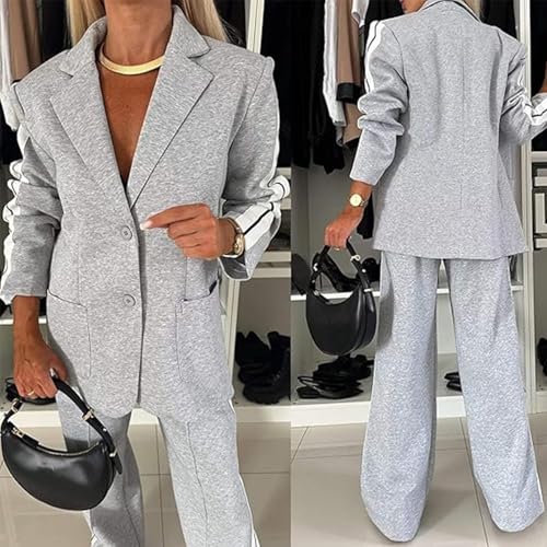 Jasperbelly Women's Lapel Long Sleeve Casual Suit, Jasper Belly Fall Loose Jacket and Wide Leg Pants with Pockets Set3
