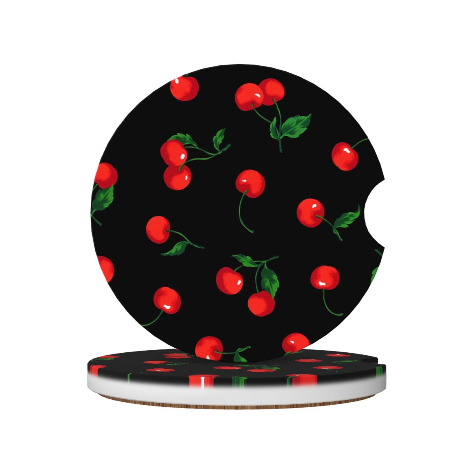 Cherry Fruit Pattern, Car Cup Holder Coasters 2 Pack, Absorbent Ceramic Car Coasters with Non Slip Cork Base