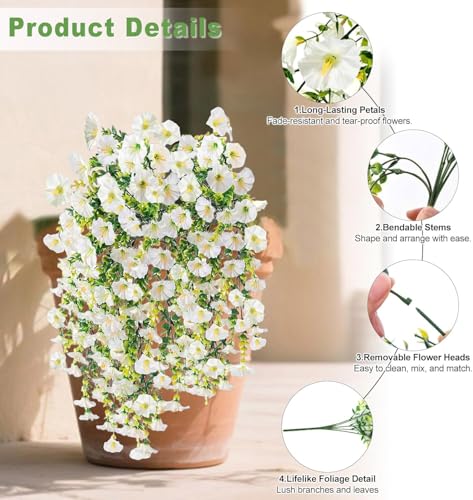 2 Pack Artificial Flowers for Outdoors UV Resistant Fake Morning Glory Vine Hanging Flowers for Porch Garden Fence Decor Weatherproof Silk Flower Garland (White) image 7