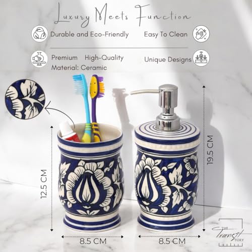 Image of Hand-Painted Ceramic Bathroom Accessories Set of 2 | 300ml Liquid Soap Dispenser & Toothbrush Holder | Rust-Proof Bathroom Organizer for Home & Wash Basin Decor | Blue Mughal