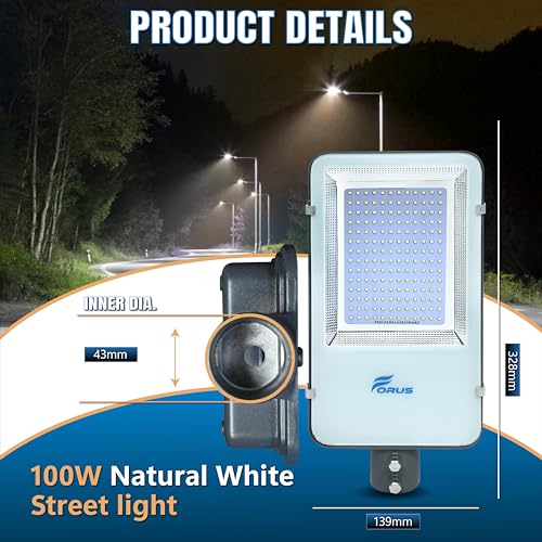 Image of Forus 100W LED Street Light with Clamp, IP66 Waterproof Outdoor LED Street Light, High Lumen 12000lm Natural White, Aluminium Body for Road, Parking Lot, Garden & Industrial Outdoor Lighting (1 Pc)