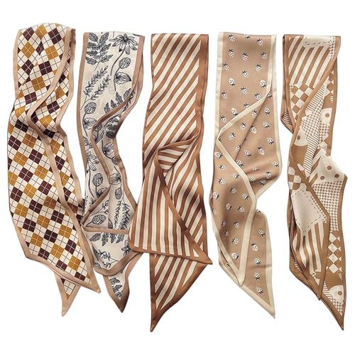 5PCS Purse Scarf Handbags for Women, Satin Scarf for Bag Lightweight Skinny Twill Boho Headbands for Women Stylish Hair Accessories