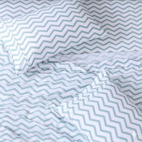 Image of LANE LINEN 100% Organic Cotton Fitted Bedsheet Double - Chevron Cool Blue | GOTS Certified, Percale Weave, 78x60 inches, Fits Upto 12 inch Mattress, Soft, Breathable, Washable, 2 Pillow Covers
