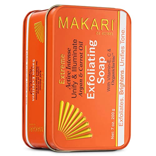 Makari Extrême Savon Éclaircissant aux huiles d’Argan & de Carotte 7 oz Action anti-âge éclaircissante et exfoliante à base d’Organiclarine – Soins éclaircissants anti-taches, acné hyperpigmentation