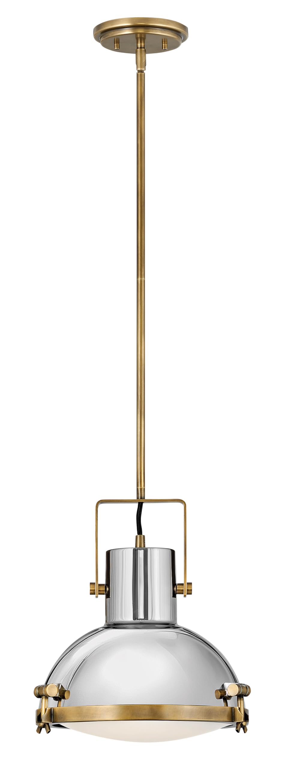 Hinkley Nautique Medium Pendant - Adjustable Height, 1-Light, Industrial, Coastal, Etched Opal Glass - Polished Nickel with Heritage Brass Accents