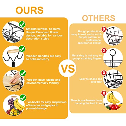 Etechmart Fruit Basket, Vegetables Countertop Bowl Storage With Banana Hanger, Detachable Bread, Snacks Baskets Holder Large Capacity Fruit Tray (Bamboo&Iron - 3 Tier) #TOP7