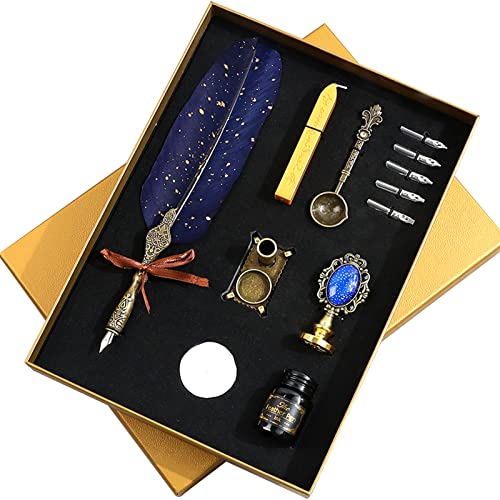 Eylkeup Pluma de Escritura Vintage,Feather Pen,Pluma de Caligrafía Antiguo para uso personal, Arte, Escritura, Firma, Decoración, Regalo (Azul) Cover