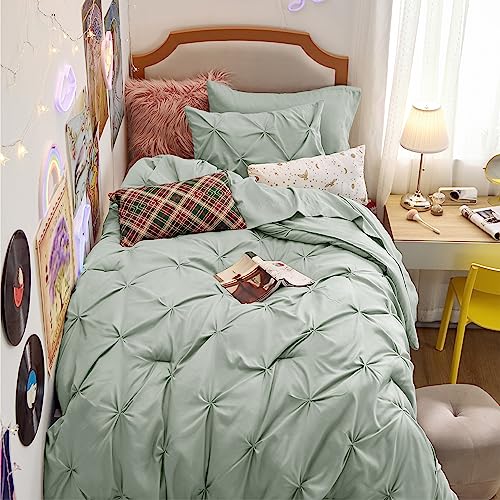 Image of Bedsure Twin Comforter Set Sage Green - Bed in a Bag Twin Size Bedding 5 Pieces, GentleSoft Pintuck Bed Set Gift for Family, All Season Down Alternative Comforter with Sheets, Pillowcase & Sham