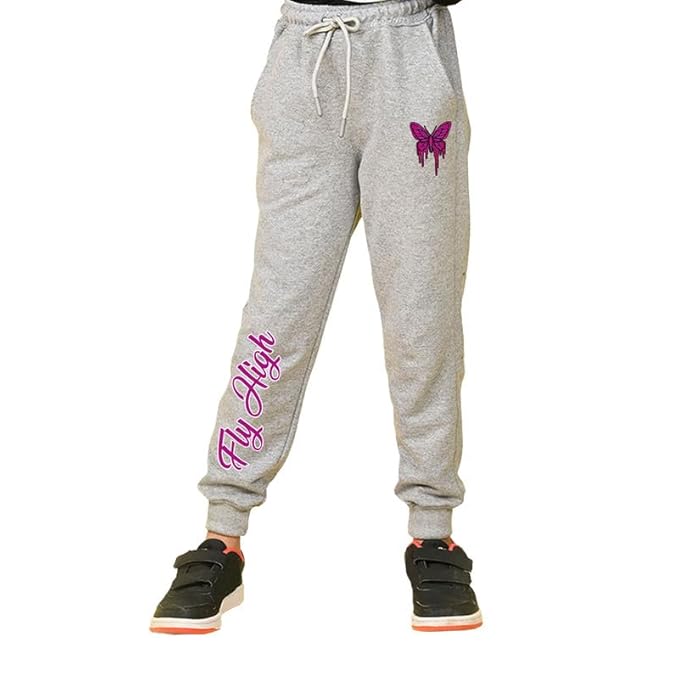 Nusyl Girl's Butterfly Printed Straight Fit Trackpants with Side Pockets | Girl's Full Length Regular Fit Jogger