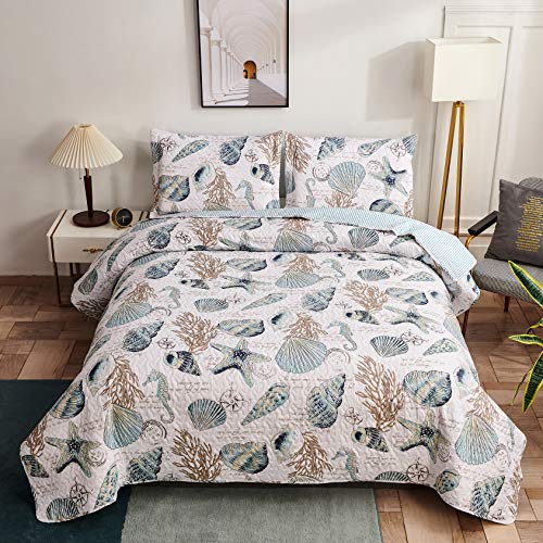 Coastal Reversible Quilt Set Twin Beach Bedspreads Conch Shell Starfish Coral Seahorse Bed Cover Lightweight Soft Breathable Coverlet Blanket Seaside Cottage Decor-Blue Green White