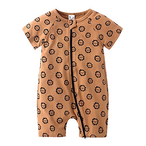 Mameluco Bebé Monos, Recien Nacido Niñas/Niños Verano Pelele de Algodón Body Manga Corta,Bodies Bebés de Una Pieza,Jumpsuit Pijama (66cm,León Marrón)