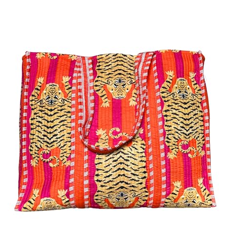 Bolso tote acolchado de algodón con estampado de tigre para mujer, bolso reversible de hombro, ligero para compras y viajes, regalo estilo jungla para ella | Sensación suave acolchada miniatura 3