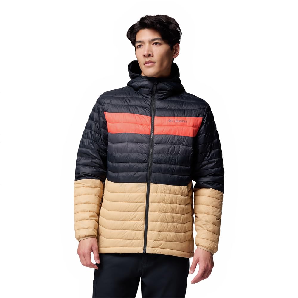 Columbia Men's Powder Pass Hooded Jacket, Hooded Puffer Jacket, Canoe, Black, Zing, Shark, S