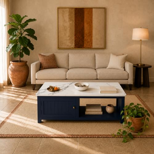 Image of Solid Wood Center Table Premium Sintered Stone Coffee Table for Living Room Wooden Centre Table Premium Acrylic Midnight Blue Finish 110 x 60 x 40 cm