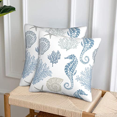 Nautical Coastal Pillow Covers 16 X 16 Inch Set Of 2 Summer Ocean Themed Pillow Covers Coral Seashell Starfish Seahorse Beach Decorative Throw Pillows Cotton Square Cushion Cover For Home Couch #TOP5