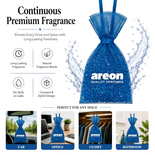 Image of AREON Pearls Lux Verano Azul Car & Home Air Freshener - Premium Quality Perfume Fragrance - Long Lasting Odor Eliminator - Seashore Fresh Scent - Hanging Freshener - (Pack of 3)