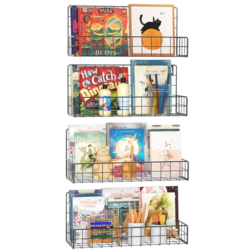 Image of MFTEK Wall Mounted Metal Kids Bookshelf - Wall Book Shelf for Kids Rooms, Hanging Book Shelves Organizer for Room Decor, Nursery Classroom Home Floating Bookshelves Gloss Black 4 Pack