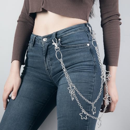 Xindojuz 2 PCS Star Belt, Silver Waist Chain Belt Adjustable Western Metal Jeans Pants Pocket Punk Hip Hop Wallet Chains for Women Men Body Belly Chain Goth Y2K Accessories3