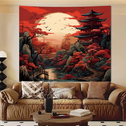 Apdidl Tapeçaria japonesa de anime preto vermelho para estética de quarto, pôr do sol escuro florest