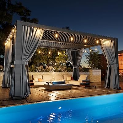 Aoxun Louvered Pergola 12' x16' All-Aluminum Outdoor Gazebo with Independent Adjustable Roofs, Waterproof Curtains and Netting, Integrated Drainage System for Patios & Poolside