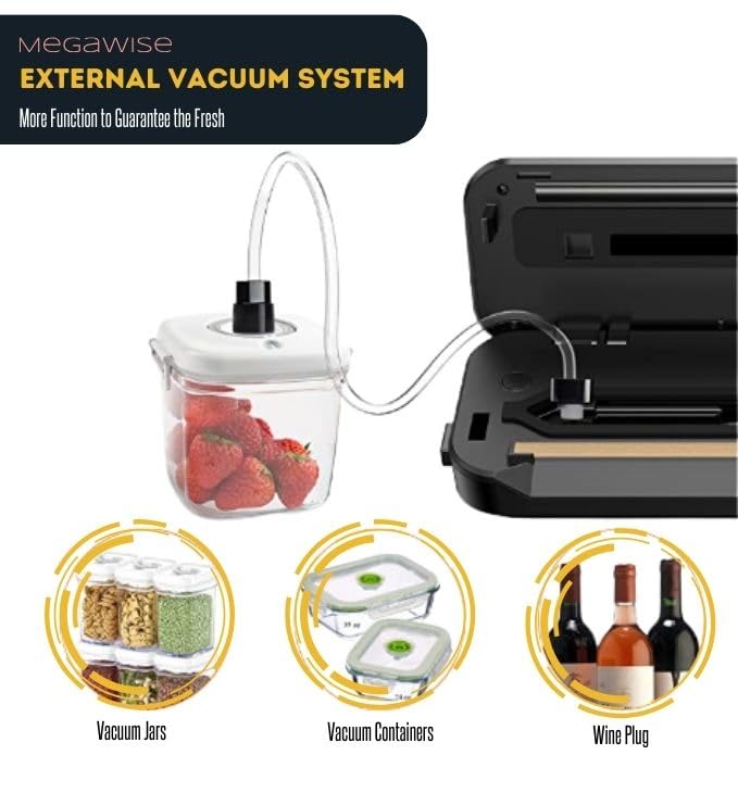 Image of MegaWise Vacuum Sealer Machine, 80kPa Powerful Suction, One-Touch Automatic Food Sealer with Built-in Cutter & Bags Included, Dry Moist Modes for All Saving needs