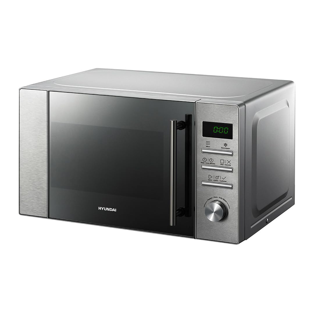Hyundai Microondas 20 Litros Básico Inox HMW2700DX. 700W, 8 Programas, Modo Descongelación, Revestimiento Interior, Fácil Limpieza, Temporizador 95min.