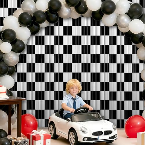 Image of Crosize 3 Pack 3.3 x 9.9 ft Black & White Foil Fringe Curtains Party Decorations, Black & White Tinsel Curtain Backdrop for Parties, Door Streamers, Glitter Streamer Backdrop for Birthday Decoration