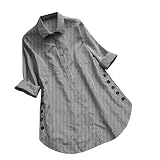 iHENGH Damen Frauen Tops Bluse Horn hülse Hemd Farbe Streifen Langarmshirt elegant Baseball glockenhülse 3/4 arm Tunika mit reißverschluss vorne Oversize Oberteil Cropped