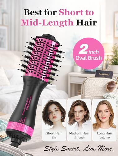 Image of Travel Hair Dryer Brush, 2 inch Oval Blow Dryer Brush, Dual Voltage, Black /Pink | Ceramic-Coated Barrel, Root-Lifting Volume and Smoother Blowouts for Short to Medium Hair