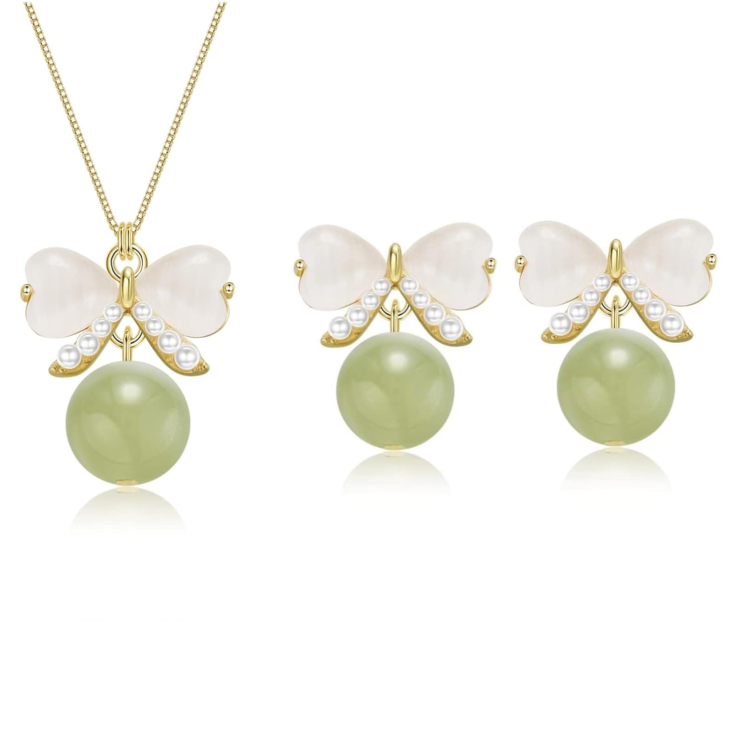 Natural Hetian Jade Jewelry Set with Silver & Gold Plated accents