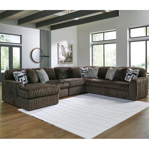 Image of Signature Design by Ashley 6-Piece Sectional Sofa, Corduroy, Chocolate | 100% polyester jumbo corduroy, U-shape layout, Anti-sag platform foundation, 9 accent pillows, Midnight-Madness
