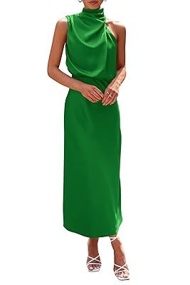 PRETTYGARDEN Women's 2025 Summer Satin Dress Elegant Sleeveless Mock Neck Cocktail Party Maxi Dresses