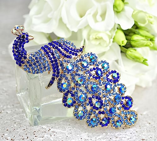 Image of Gyn&Joy 5 Inch Art Gorgeous Peacock Austrian Crystal Rhinestone Brooch Pins